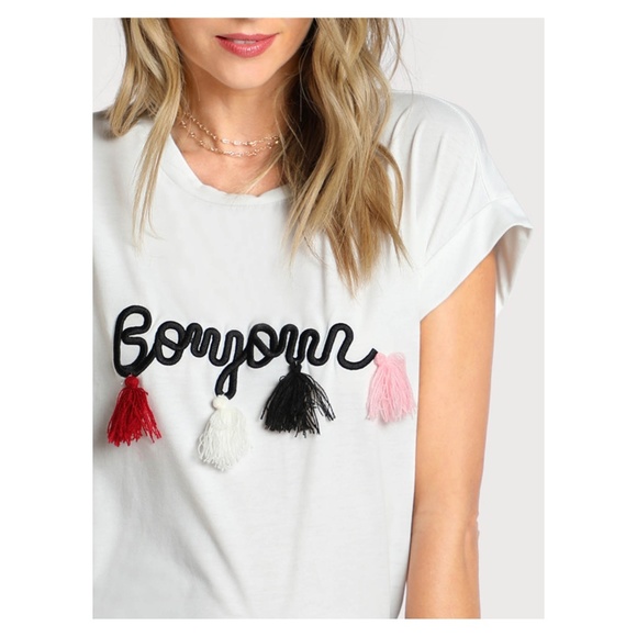 White Short Sleeve Embroidered Tassel T-Shirt - Picture 4 of 5